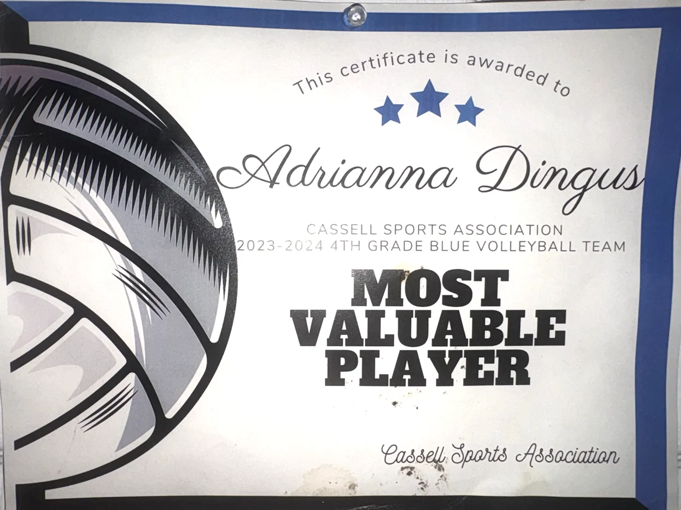 Cassell Sports Association certificate naming Adrianna Dingus Most Valuable Player of the 2023-2024 4th Grade Blue volleyball team